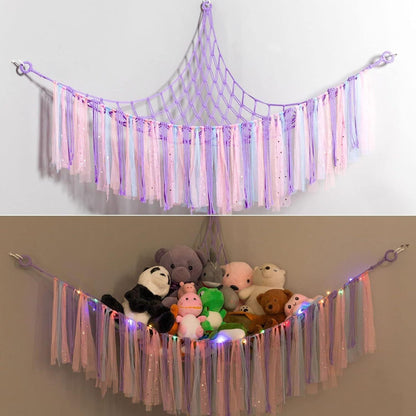 Purple Corner Plush Toy Organizer (100x100x150cm)  with Ribbon Accent & Installation Kit -  Handwoven Cotton Mesh Toy Storage Hammock.
