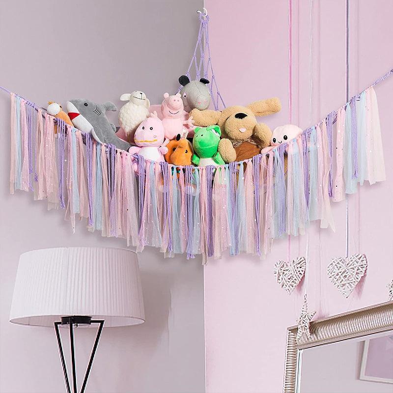 Purple Corner Plush Toy Organizer (100x100x150cm)  with Ribbon Accent & Installation Kit -  Handwoven Cotton Mesh Toy Storage Hammock.