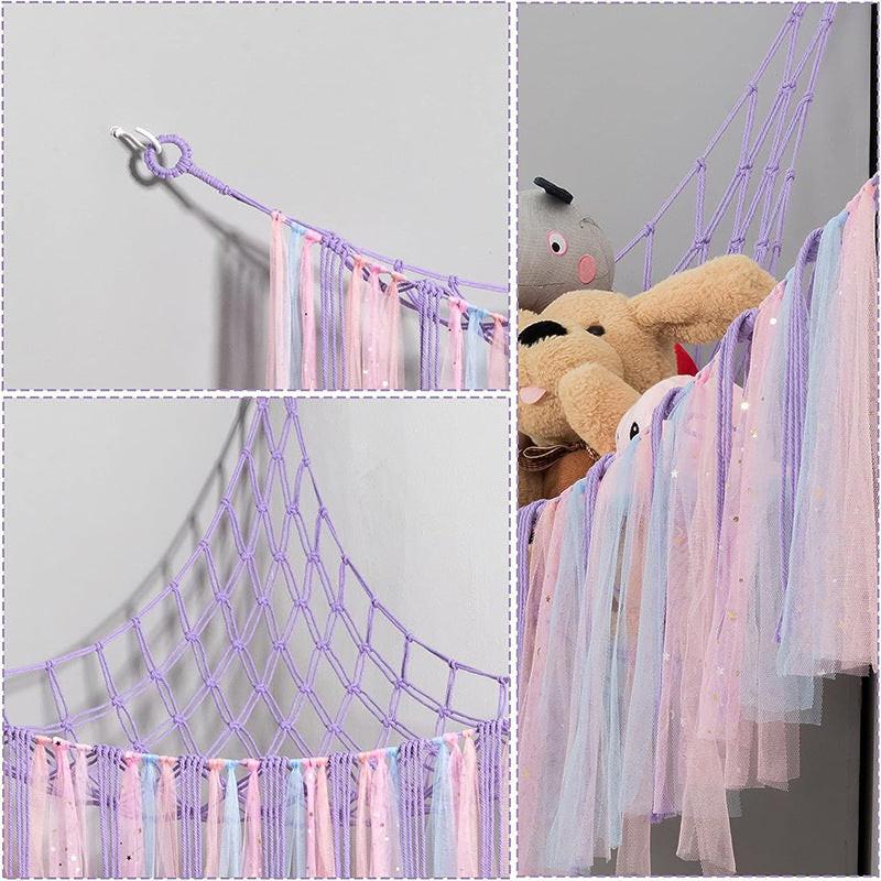 Purple Corner Plush Toy Organizer (100x100x150cm)  with Ribbon Accent & Installation Kit -  Handwoven Cotton Mesh Toy Storage Hammock.