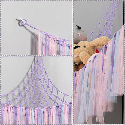 Purple Corner Plush Toy Organizer (100x100x150cm)  with Ribbon Accent & Installation Kit -  Handwoven Cotton Mesh Toy Storage Hammock.