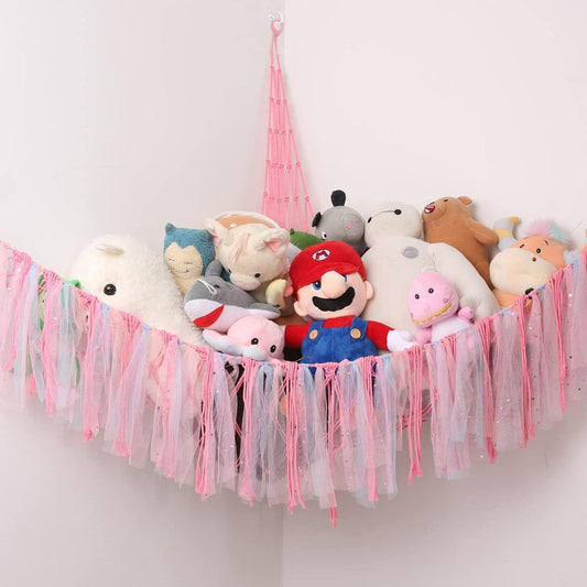 Pink Corner Plush Toy Organizer (100x100x150cm)  with Ribbon Accent & Installation Kit -  Handwoven Cotton Mesh Toy Storage Hammock.