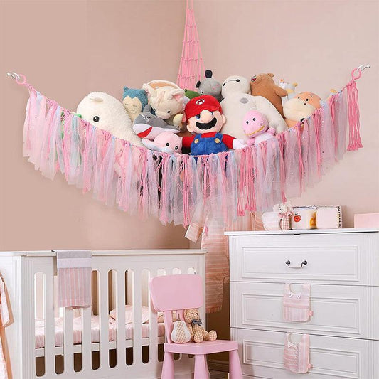 Pink Corner Plush Toy Organizer (100x100x150cm)  with Ribbon Accent & Installation Kit -  Handwoven Cotton Mesh Toy Storage Hammock.