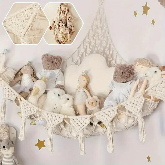 White Triangle Woven Plush Toy Corner Organizer (105x105x145cm)  with octagonal beads and installation kit - Hand-woven cotton mesh toy storage hammock.