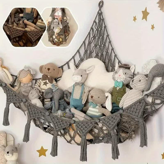 Grey Triangle Woven Plush Toy Corner Organizer (105x105x145cm)  with octagonal beads and installation kit - Hand-woven cotton mesh toy storage hammock.