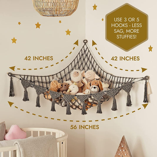 Grey Triangle Woven Plush Toy Corner Organizer (105x105x145cm)  with octagonal beads and installation kit - Hand-woven cotton mesh toy storage hammock.
