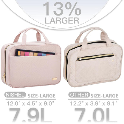 Pink Large Capacity Hanging Toiletry Bag for Women(30.5 x 22.5 x 12 cm) - Checked Pattern Waterproof Cosmetic Organizer, Dry/Wet Separation & Multi-Compartment