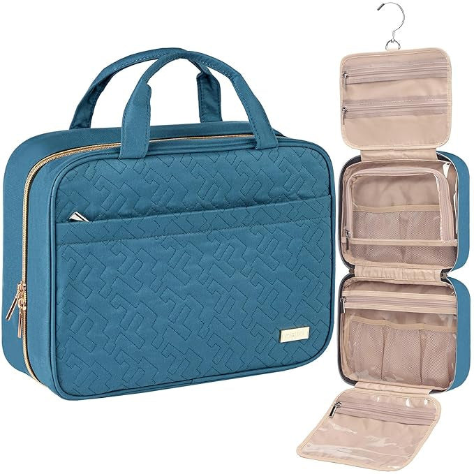 Light Blue Large Capacity Hanging Toiletry Bag for Women(30.5 x 22.5 x 12 cm) - Checked Pattern Waterproof Cosmetic Organizer, Dry/Wet Separation & Multi-Compartment