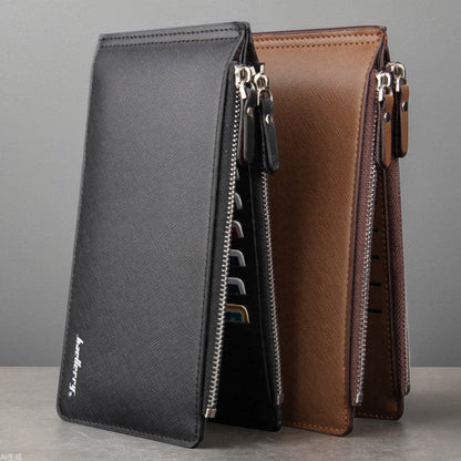 Black Men's Slim Long Bi-Fold Wallet - Multi-Card Holder & Credit Card Organizer with Coin Pocket, Simple PU Leather Clutch