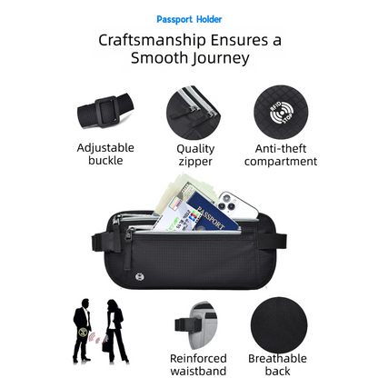 Blue RFID Blocking Slim Anti-Theft Fanny Pack for Outdoor Travel - Hidden Money Belt for Passport, Documents & Cash