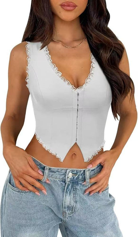 2-Pack White French Vintage Lace Splice Camisole(XL Size) - Slim Fit Halter Top with Back Detail and Button Placket
