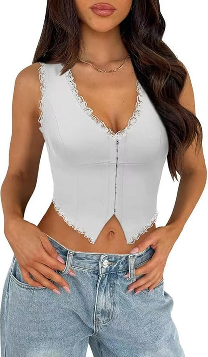 2-Pack White French Vintage Lace Splice Camisole(XL Size) - Slim Fit Halter Top with Back Detail and Button Placket