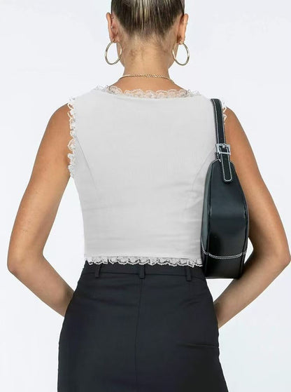 2-Pack White French Vintage Lace Splice Camisole(XL Size) - Slim Fit Halter Top with Back Detail and Button Placket