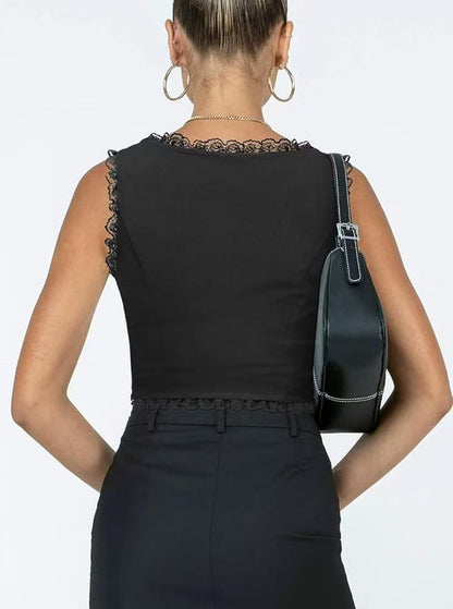 2-Pack Black French Vintage Lace Splice Camisole(S Size) - Slim Fit Halter Top with Back Detail and Button Placket