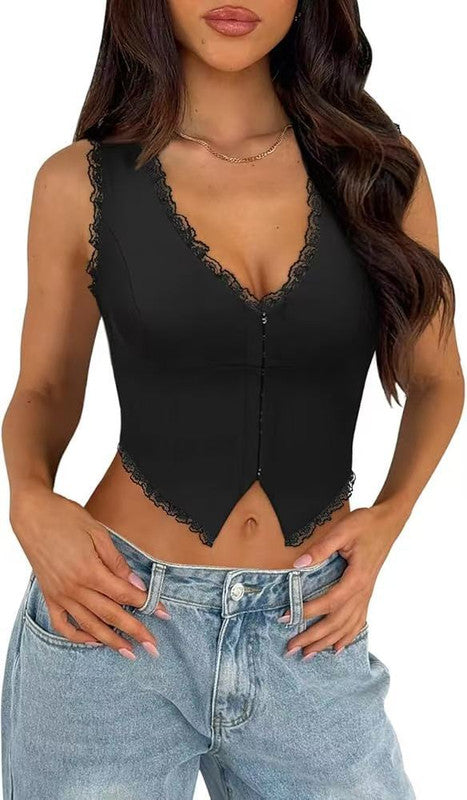 2-Pack Black French Vintage Lace Splice Camisole(2XL Size) - Slim Fit Halter Top with Back Detail and Button Placket