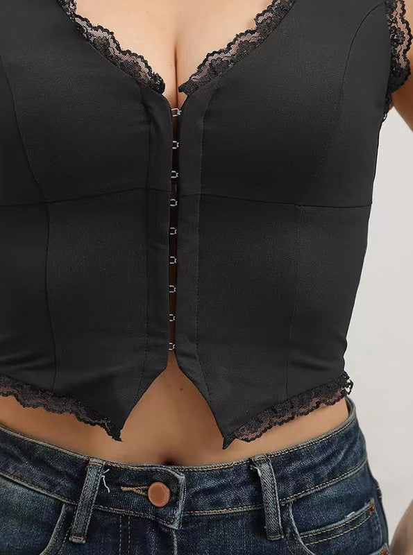 2-Pack Black French Vintage Lace Splice Camisole(2XL Size) - Slim Fit Halter Top with Back Detail and Button Placket