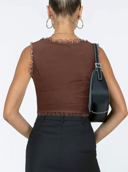 2-Pack Brown French Vintage Lace Splice Camisole(S Size) - Slim Fit Halter Top with Back Detail and Button Placket