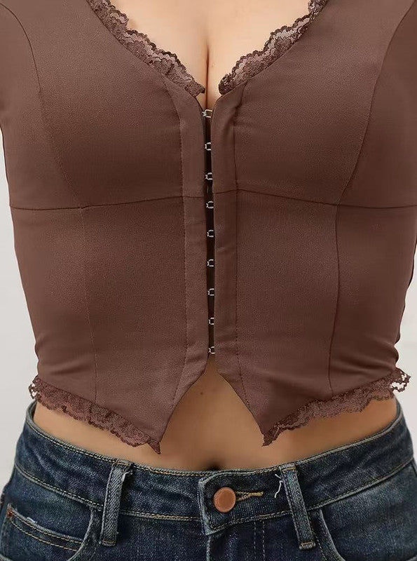 2-Pack Brown French Vintage Lace Splice Camisole(S Size) - Slim Fit Halter Top with Back Detail and Button Placket
