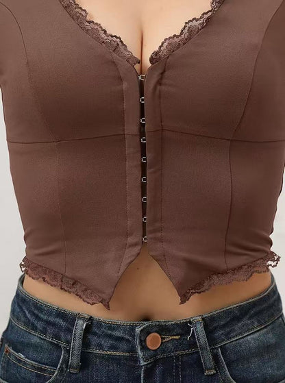 2-Pack Brown French Vintage Lace Splice Camisole(S Size) - Slim Fit Halter Top with Back Detail and Button Placket