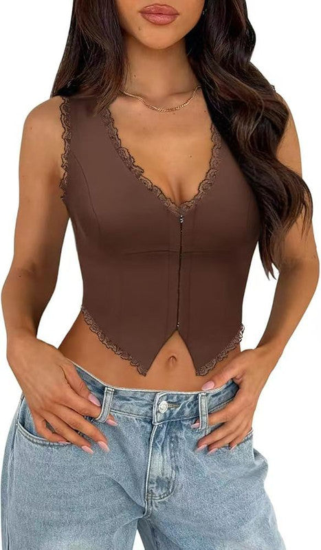 2-Pack Brown French Vintage Lace Splice Camisole(M Size) - Slim Fit Halter Top with Back Detail and Button Placket