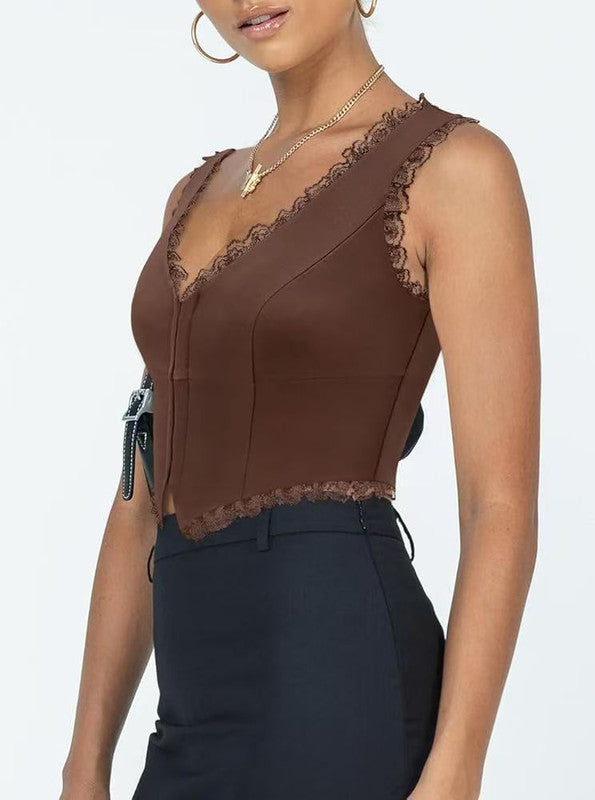 2-Pack Brown French Vintage Lace Splice Camisole(XL Size) - Slim Fit Halter Top with Back Detail and Button Placket