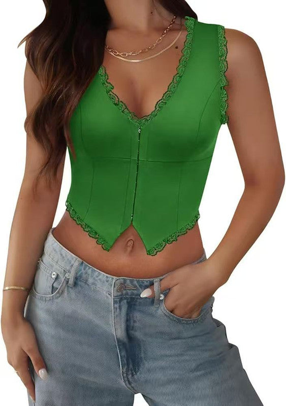 2-Pack Green French Vintage Lace Splice Camisole(L Size) - Slim Fit Halter Top with Back Detail and Button Placket