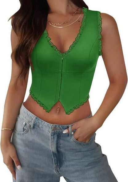 2-Pack Green French Vintage Lace Splice Camisole(L Size) - Slim Fit Halter Top with Back Detail and Button Placket