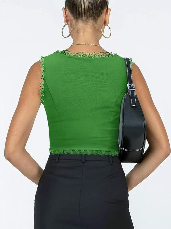2-Pack Green French Vintage Lace Splice Camisole(L Size) - Slim Fit Halter Top with Back Detail and Button Placket