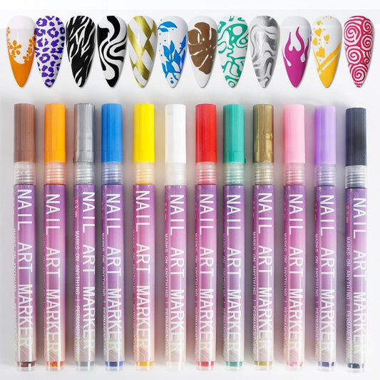 12-Color Acrylic Nail Art Marker Pen Set - Waterproof and Quick Drying, DIY Beauty Nail and Artistic Graffiti Pens.