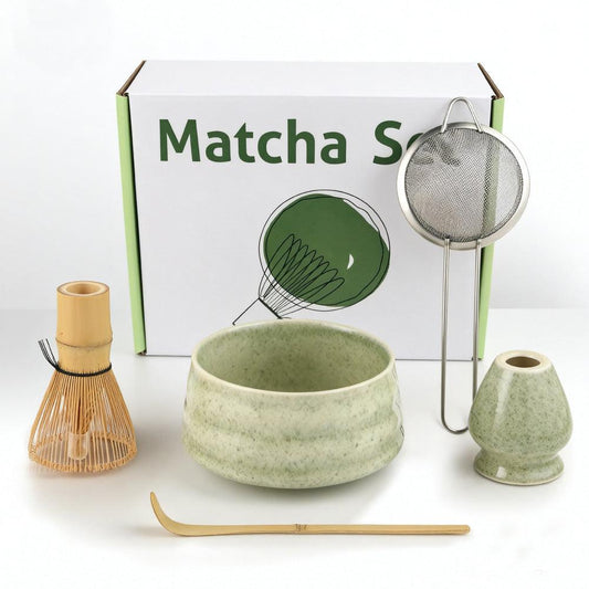 Matcha Color Ceremony 5-Piece Matcha Ceramic Tool Set - Gift Box with Whisk (Chasen), Whisk Holder (Chasen Kuse-Naoshi), Bowl, Sieve, and Scoop.
