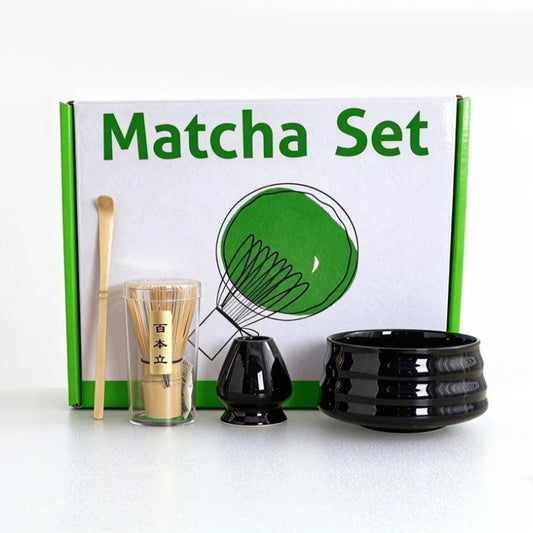 Black Ceremony 4-Piece Matcha Ceramic Tool Set - Gift Box with Whisk (Chasen), Whisk Holder (Chasen Kuse-Naoshi), Bowl, and Scoop.