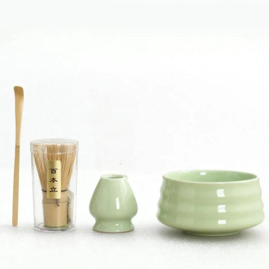 Green Ceremony 4-Piece Matcha Ceramic Tool Set - Gift Box with Whisk (Chasen), Whisk Holder (Chasen Kuse-Naoshi), Bowl, and Scoop.