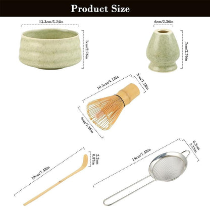 White Ceremony 4-Piece Matcha Ceramic Tool Set - Gift Box with Whisk (Chasen), Whisk Holder (Chasen Kuse-Naoshi), Bowl, and Scoop.