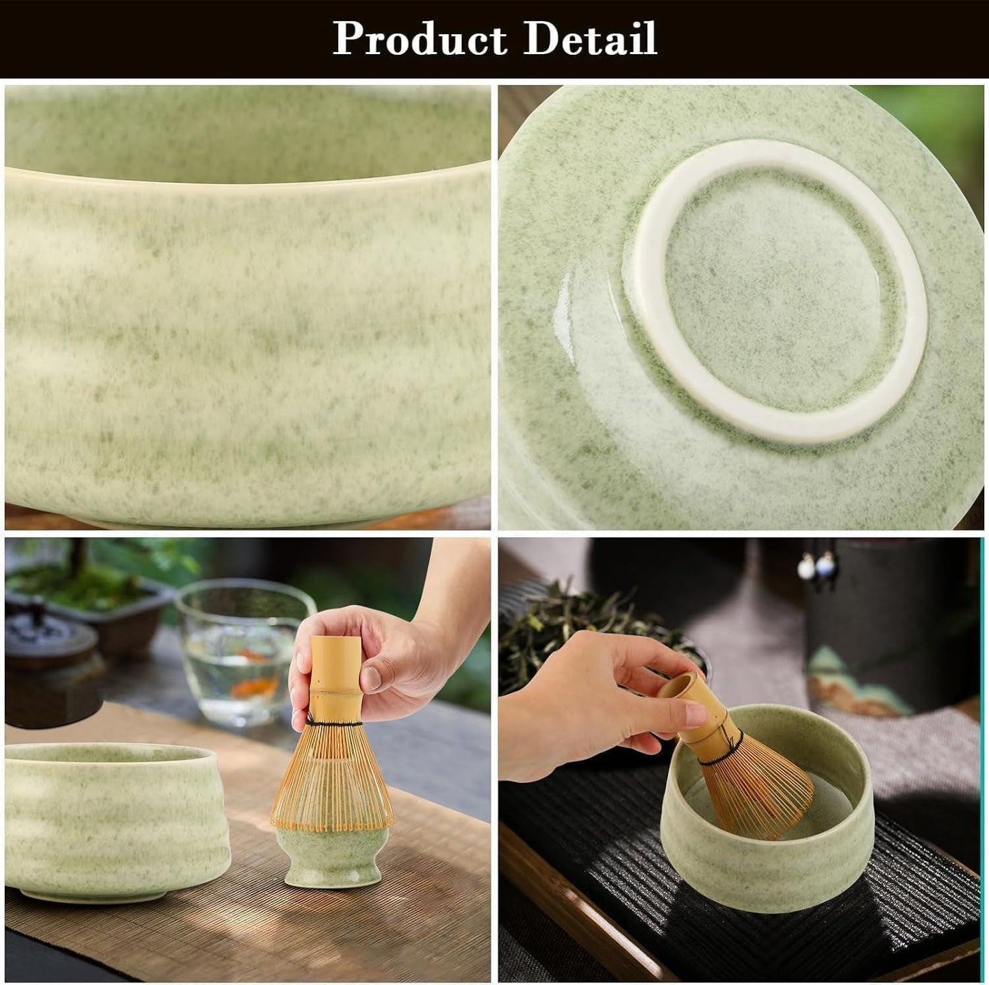 White Ceremony 4-Piece Matcha Ceramic Tool Set - Gift Box with Whisk (Chasen), Whisk Holder (Chasen Kuse-Naoshi), Bowl, and Scoop.