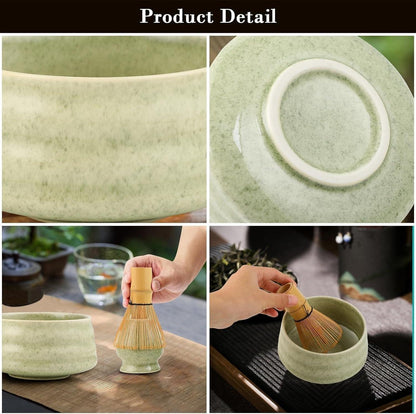 White Ceremony 4-Piece Matcha Ceramic Tool Set - Gift Box with Whisk (Chasen), Whisk Holder (Chasen Kuse-Naoshi), Bowl, and Scoop.