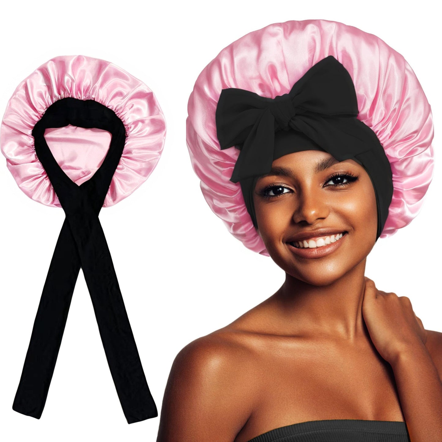 2-Pack Blue Satin Bonnet with Wide Band and Bow Tie - Hair Care Sleep Cap and Turban for Women