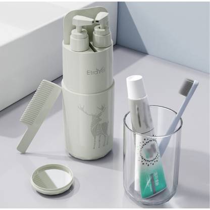 Green Deluxe 8-in-1 Travel Toiletry Set - Portable All-in-One Toothbrush Holder, Wash Cup, Towel and 2 * Refill Bottles for Travel & Camping