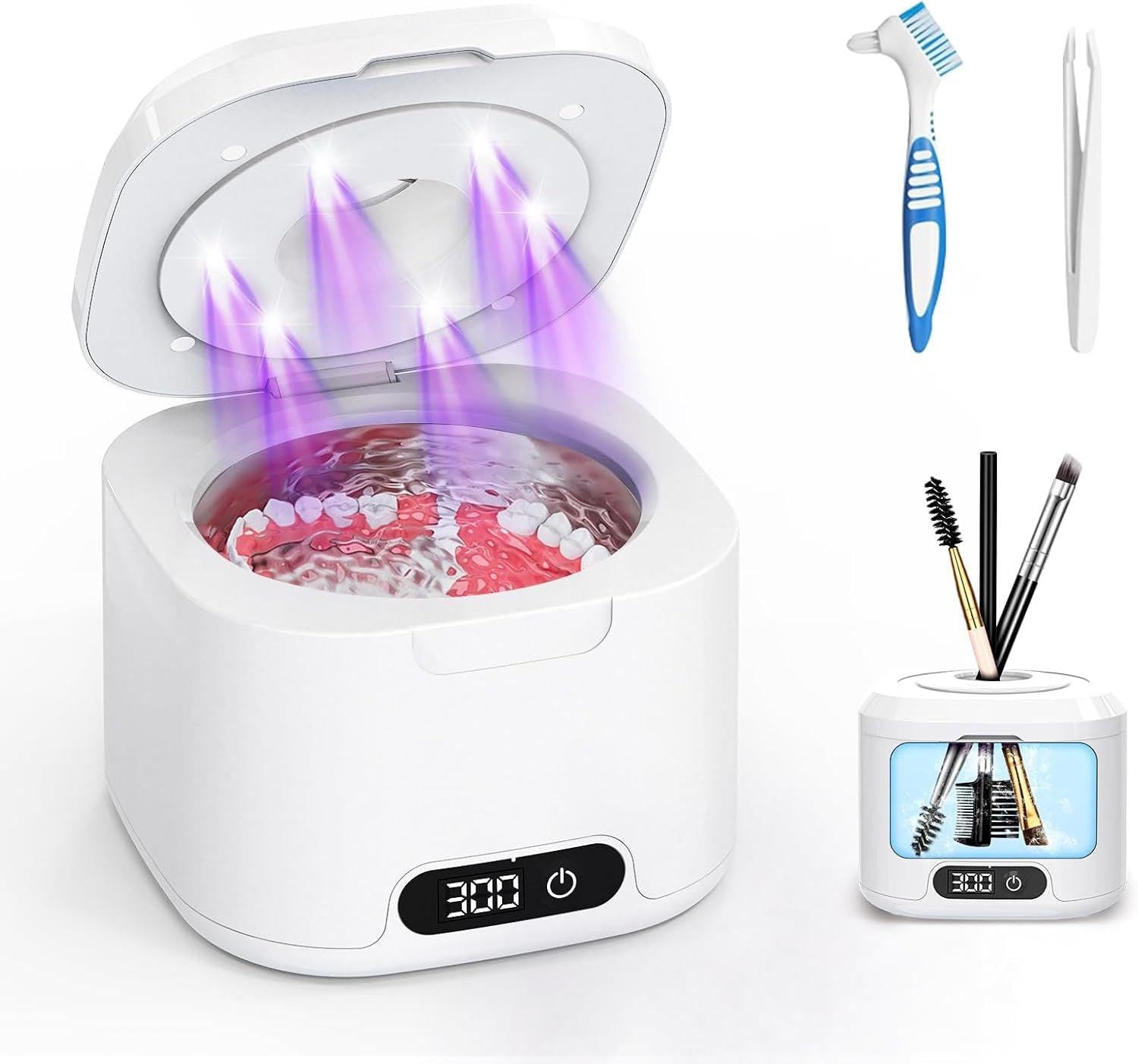 Muti-Functional Portable UV-C Ultrasonic Cleaner (49KHz) - 3 Time Modes for Deep cleaning and Sterilization, 340ml Stainless Steel Tank.