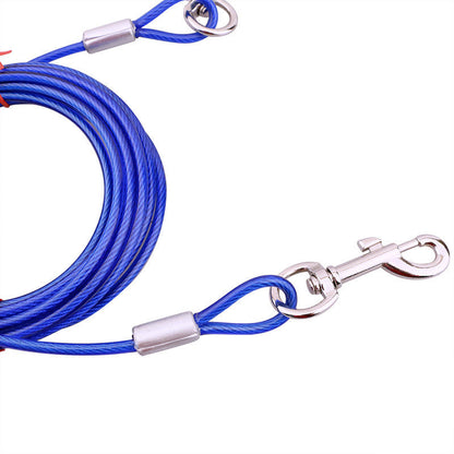 Blue Heavy-Duty Steel Wire Dual-Head Dog Tie-Out Cable Leash(5mm x 3m - 10ft) - with Dual Swivel Hooks for Tethers and Double Dog Walking