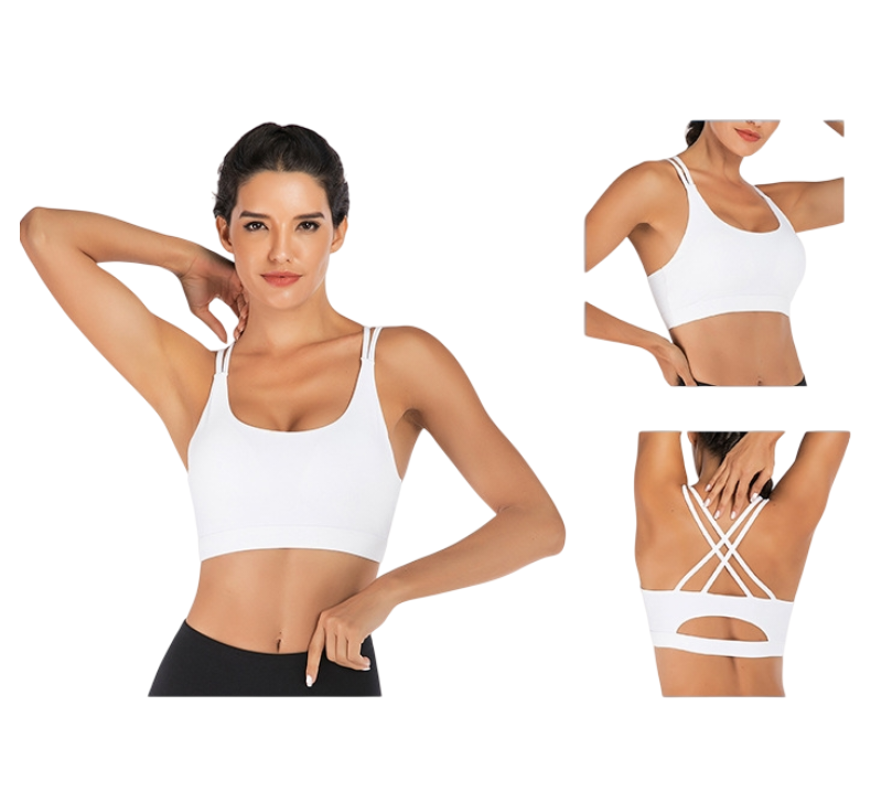 M Size White Elegant Sexy Criss-Cross Back Sports Bra for Women - High Support & Anti-Shock, Wire-Free Yoga Crop Top with X-Shape Fine Strap