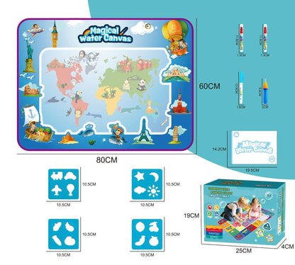 80x60CM World Map Theme Magic Water Doodle Mat - Educational Aqua Canvas, Deluxe 10-Piece Set.