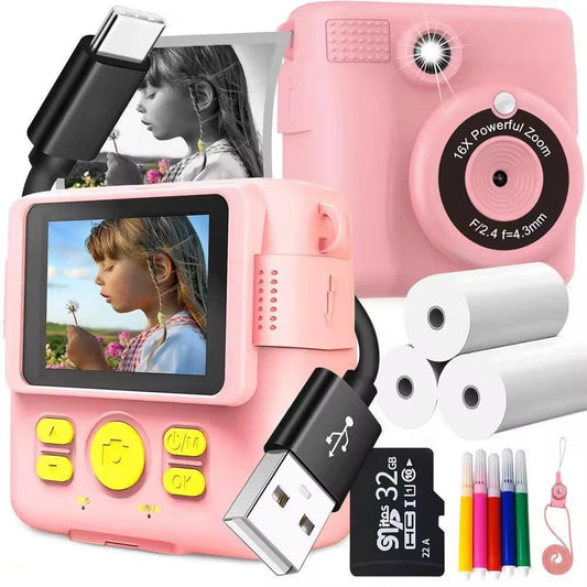 Pink ABS-681 Portable Kids Mini Digital Polaroid with 32GB Card,  3 Rolls Printing Paper & 6 Color Pens - Instant Print Thermal Photo Printer for DIY Fun.