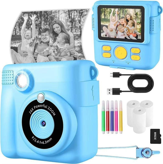 Blue ABS-681 Portable Kids Mini Digital Polaroid with 32GB Card,  3 Rolls Printing Paper & 6 Color Pens - Instant Print Thermal Photo Printer for DIY Fun.