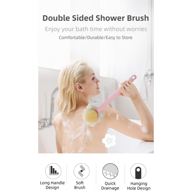 2-Pack Green 2-in-1 Soft Bristle Long Handle Bath Brush & Shower Pouf Combo - Double-Sided Back Scrubber for Adults & Kids