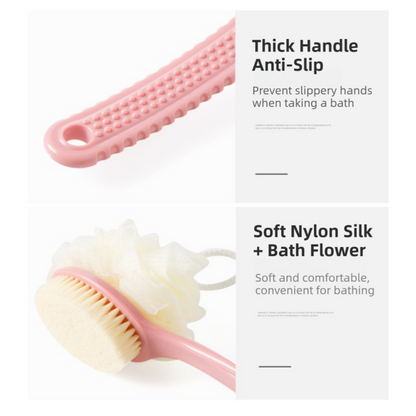 2-Pack Green 2-in-1 Soft Bristle Long Handle Bath Brush & Shower Pouf Combo - Double-Sided Back Scrubber for Adults & Kids