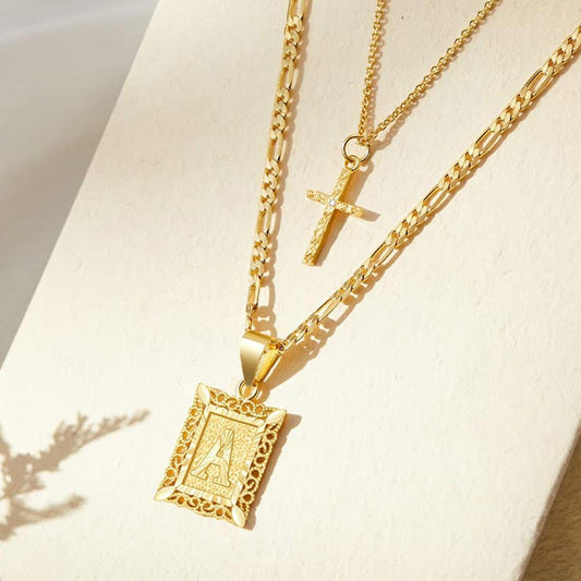 Personalised Copper Adjustable Layered Necklace Set(4PCS) - Custom A-Z Initial Letter Square + Cross Pendant & Double Cross Pendant Stacking Combo