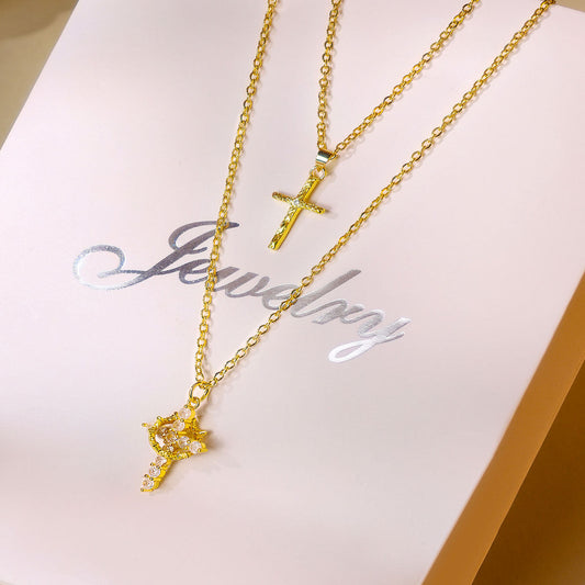 Personalised Copper Adjustable Layered Necklace Set(4PCS) - Custom A-Z Initial Letter Square + Cross Pendant & Double Cross Pendant Stacking Combo