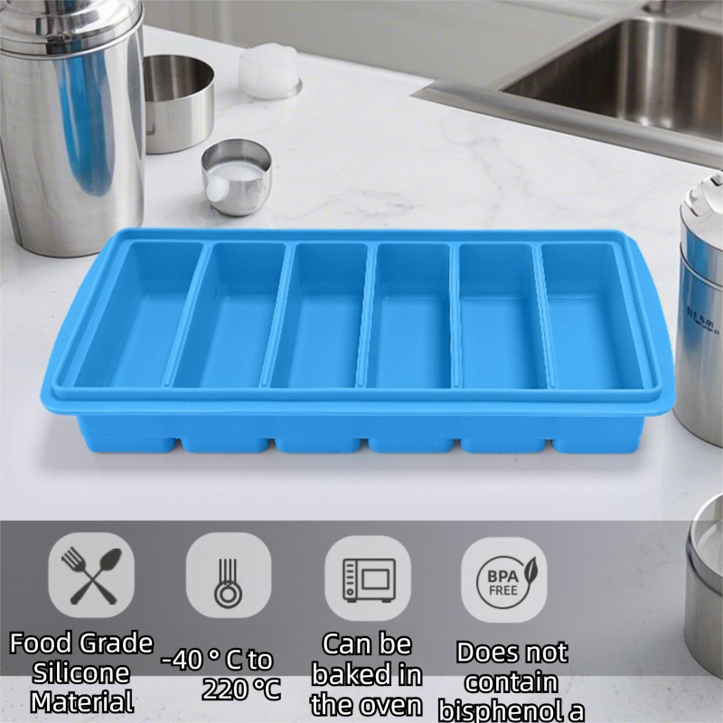 2-Packs Grey 6-Grid Extra Long Silicone Ice Cube Tray - Easy Release Reusable Food Grade Mold for Whiskey, Cocktails & Commercial Use