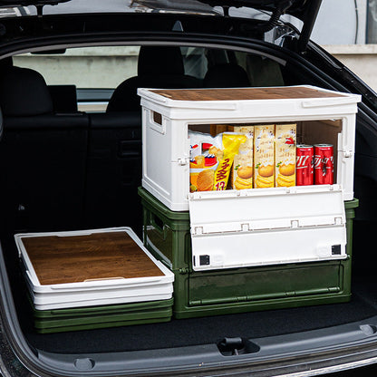 White Collapsible Small Standard Storage Box with Wooden Table Top(39x27x21CM) - Car Trunk Organiser for Australian Camping & Home Use
