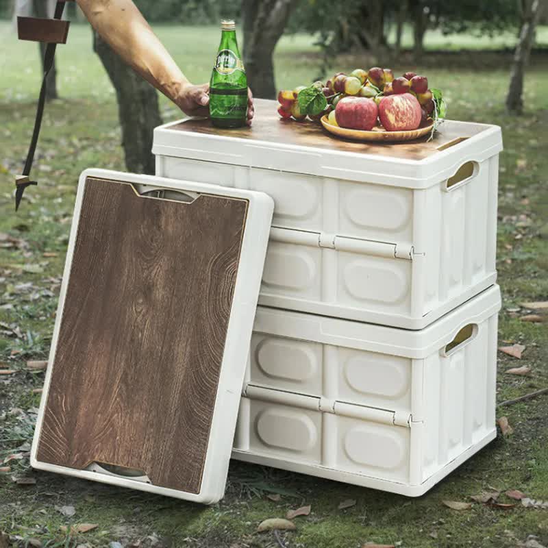 White Collapsible Medium Side-Open Storage Box with Wooden Table Top(42x28x23CM) - Car Trunk Organiser for Australian Camping & Home Use