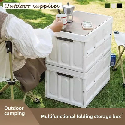 Green Collapsible Medium Side-Open Handle Storage Box with Wooden Table Top(42x28x23CM) - Car Trunk Organiser for Australian Camping & Home Use